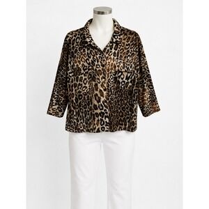 Kate Park Leopard Print Button Down Shirt Womens XL 3/4 Sleeve Animal Print Top
